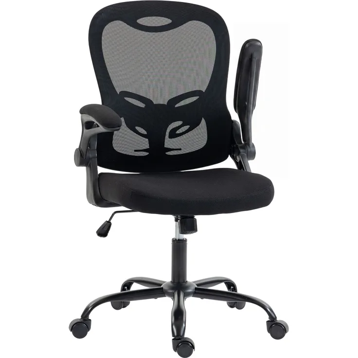 Ergonomischer Bürostuhl, Bürostuhl aus Netzgewebe, hochklappbare Armlehnen, höhenverstellbar, Wippfunktion, schwarz