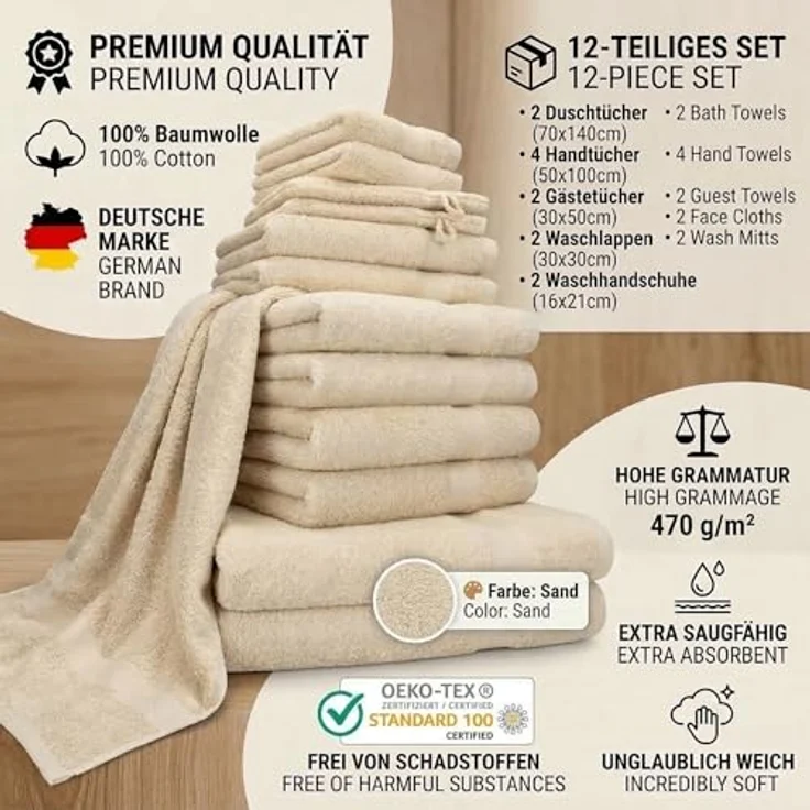 Betz Handtuch Set 12er Handtuch-Set PREMIUM, 100% Baumwolle (Set, 12-St), 2 Duschtücher 4 Handtücher 2 Gästetücher 2 Seiftücher 2 WH – Bild 3