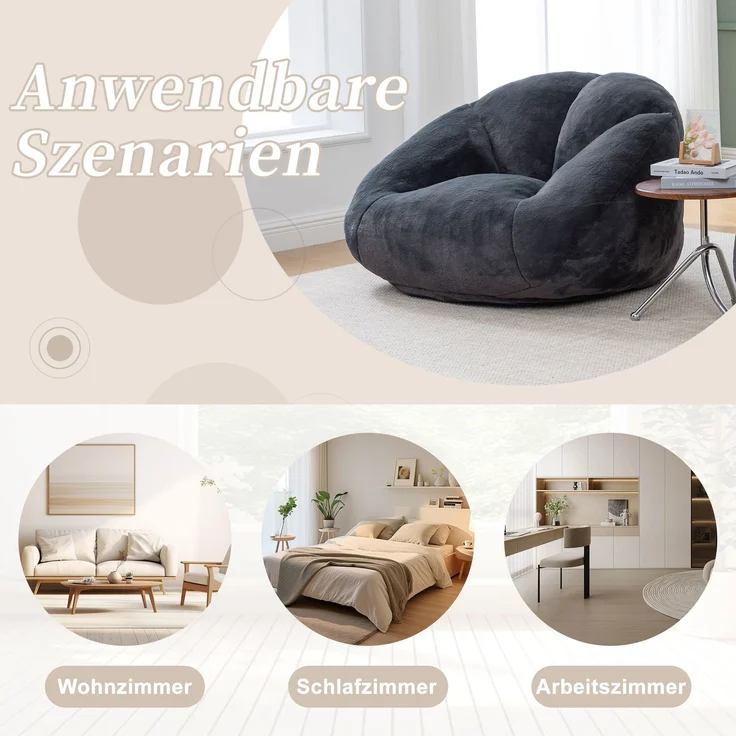 LVHOM Sitzsack XXL, Bodensofa aus Faux Fur, Montagefreier Bean Bag, für Wohnzimmer, Lounge, Schlafzimmer, Anthrazit – Bild 8