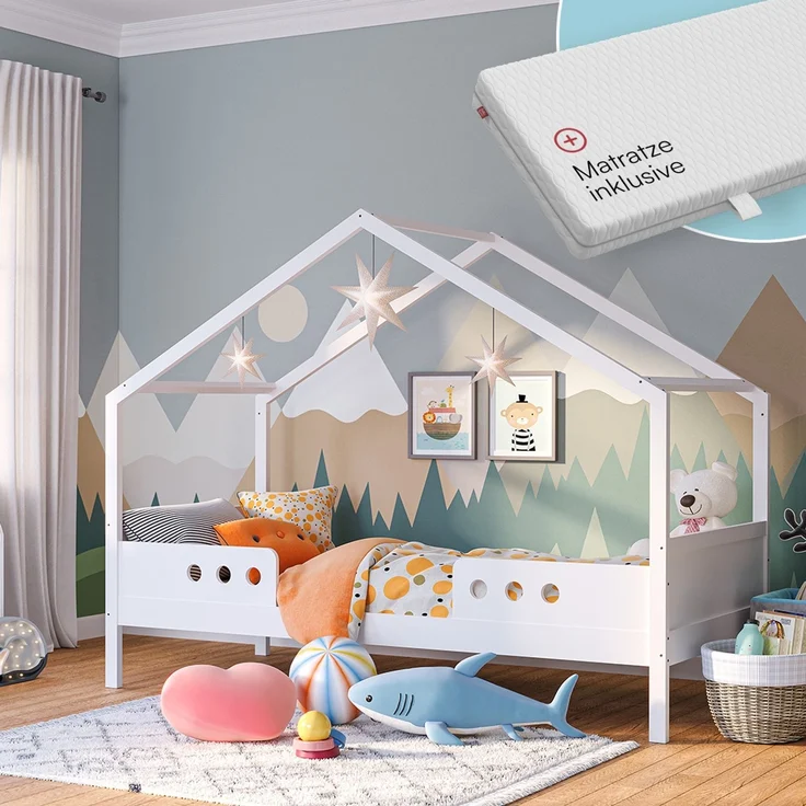 Bellabino 'Bela' Hausbett 90x200 cm mit Matratze, weiß, Kiefer Massivholz, Montessori Kinderbett mit Rausfallschutz und Lattenrost – Bild 1