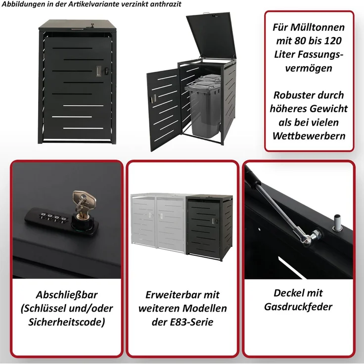 XL 1er-/2er-Mülltonnenverkleidung HWC-E83, Mülltonnenbox, erweiterbar 116x71x98cm ~ anthrazit, Stahl 39kg – Bild 2