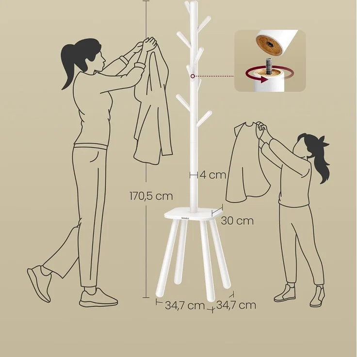 Vasagle Garderobenständer, Kleiderständer, mit 8 Haken und Ablagefläche, 170,5 cm hoch für Mäntel, Hüte, Taschen, Eingangsbereich, Flur, Schlafzimmer, wolkenweiß RCR033W01 – Bild 5