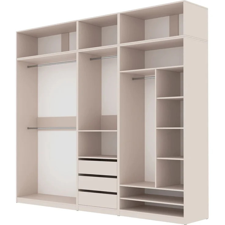 Marmex Möbel Tres Set-P/N Großer, hoher, offener Kleiderschrank mit Aufsatz, Einbauschrank über Eck mit Regalen und Kleiderstangen, laminierte Spanplatte, graubeige cashmere 190/111x246x51 cm – Bild 10