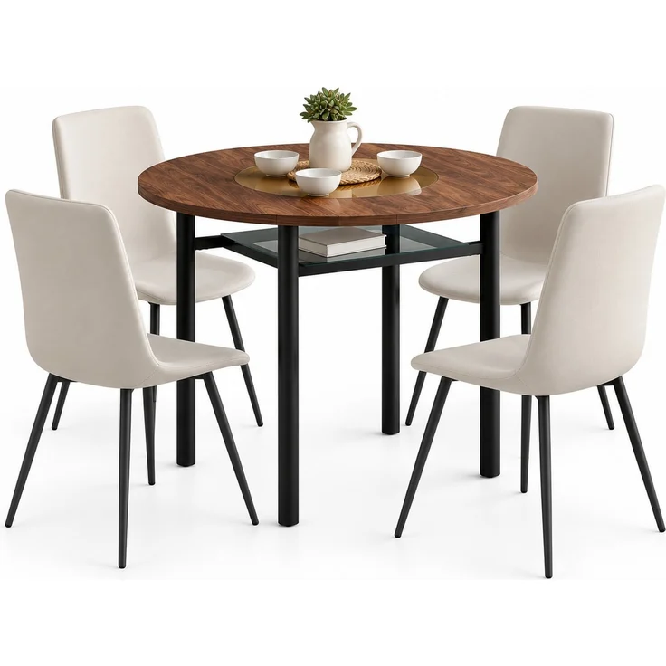 Esstisch-Set 76x100x100 cm in Braun/Schwarz mit Glasintarsie und 4 PU-Sesseln in Warmgrau – Bild 4