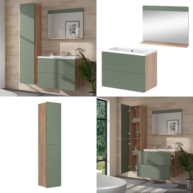 Vichy Badmöbel-Set Izan, 4-teiliges Badmöbelset in Goldkraft Eiche/Grün mit Hochschrank und Waschbecken – Bild 8