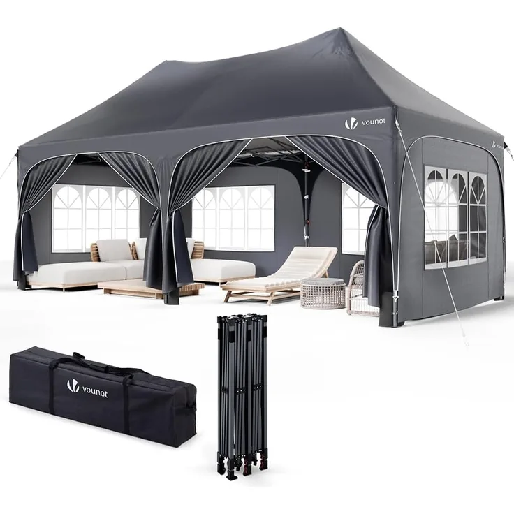 VOUNOT 3x6 m Pavillon Wasserdicht mit 6 Seitenwänden, Faltpavillon Stabil, Partyzelt Winterfest, UV-Schutz 50+, Gartenzelt Faltbar mit 6 Sandsäcken und Tragetasche, Grau