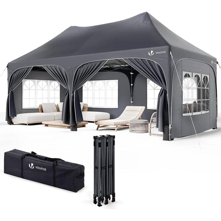 VOUNOT 3x6 m Pavillon Wasserdicht mit 6 Seitenwänden, Faltpavillon Stabil, Partyzelt Winterfest, UV-Schutz 50+, Gartenzelt Faltbar mit 6 Sandsäcken und Tragetasche, Grau