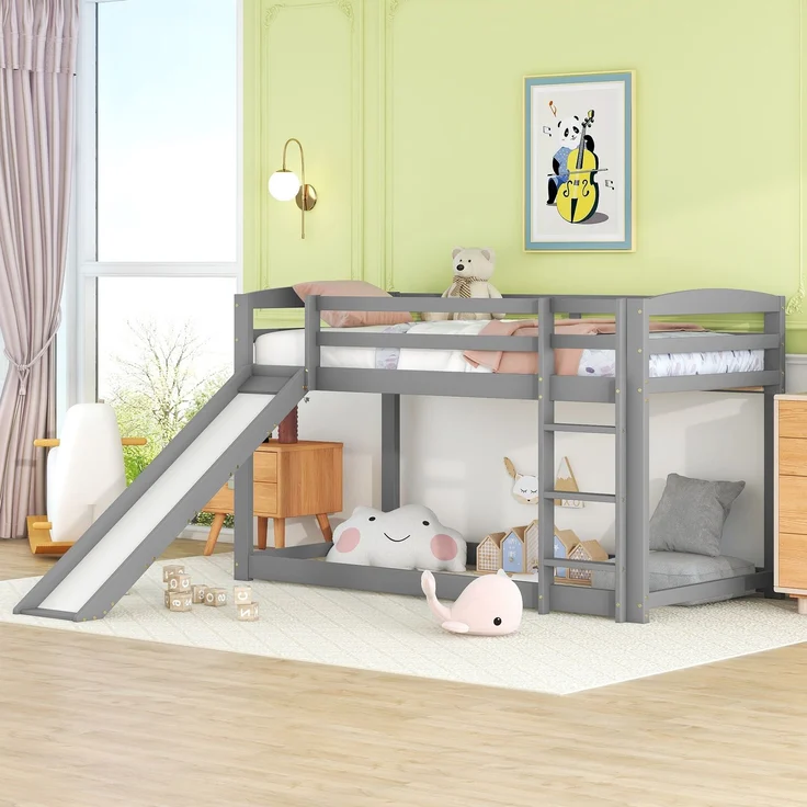 Etagenbett Kinderbett mit Rutsche 90x200 cm, Doppelstockbett für Jugendliche, platzsparendes Hochbett mit Geländer, Leiter beidseitig montierbar,Grau – Bild 2