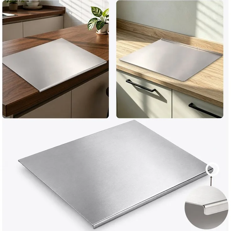 PRIISF Schneidebrett Edelstahl Schneidbrett 50x40 cm Küche Schneidebrett mit Anschlagkante, Edelstahl, (rutschfest Schneidbrettchen Generic Arbeitsplatte Knetbrett XXL Groß, Schweres Schneidebretts Beidseitig Verwendbar für Obst Gemüse Fleisch), Doppel...
