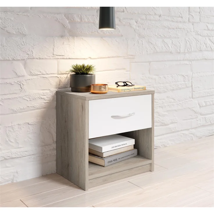 Nachtkommode >Bettine< in San Remo Eiche Nachbildung / Weiß - 39x41x28cm (BxHxT)