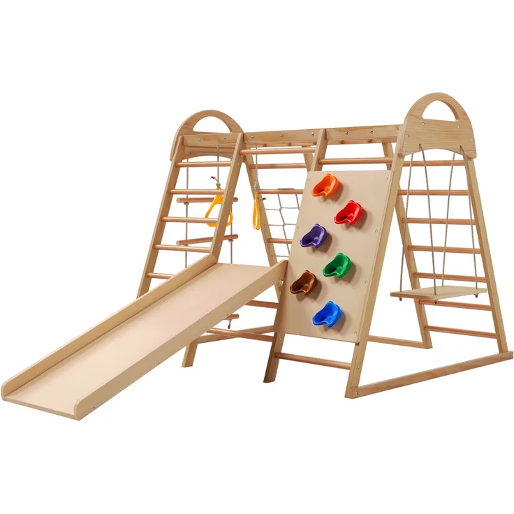 7-in-1-Multifunktions-Klettergerüst ,Massivholz, Sperrholz und Buchenholz. Schaukel, Kletterleiter, Kletterplattenrutsche, Ein Netz zum Klettern, Kletterstein aus Kunststoff. Ringe. Kann als Zelthaus.