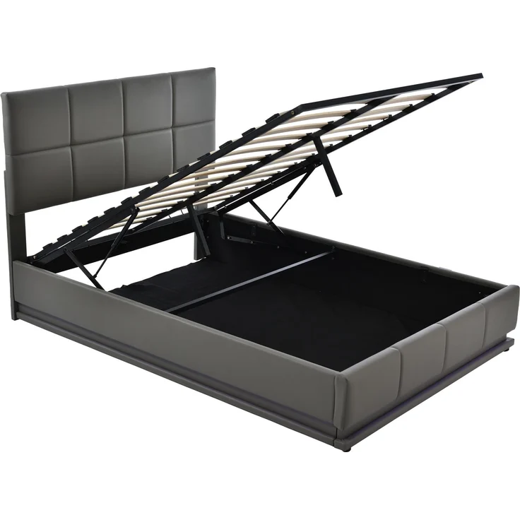 Merax LED Hydraulisches Polsterbett 140x200 aus Kunstleder Doppelbett mit Höhenverstellbares Kopfteil & Lattenrost Dunkelgrau – Bild 8