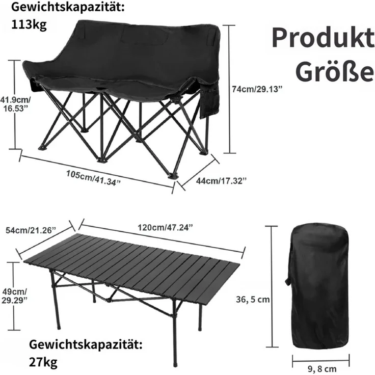 Rutaqian Campingtisch Klapptisch mit Stühlen, Campingtisch mit Stühlen Set faltbar, 1 Tisch + 3 Sessel (2 Einzel, 1 Doppel) für Garten, Picknick, Festival – Bild 2