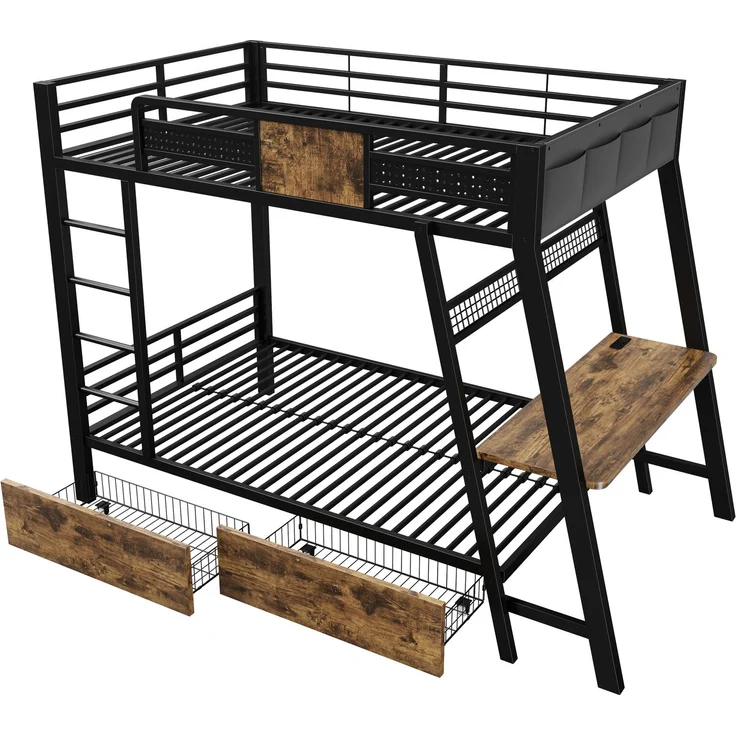Metall-Etagenbett 90×200cm,integrierter Gaming-Schreibtisch mit Steckdosen, USB- und Type-C-Anschlüssen, mit LED-Lichtband, zwei Aufbewahrungskörben, Jugend-Spielbett, Doppel-Eisenbett, Schwarz – Bild 10
