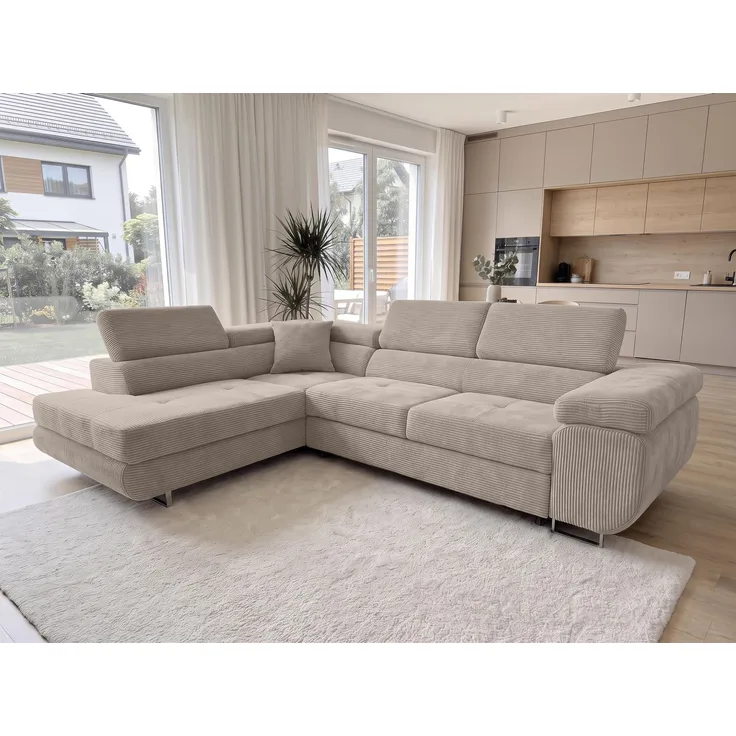 AX LIVING Konak Cord-Schlafsofa L in Beige 276 cm breit, Bettkasten, Kopfstützen