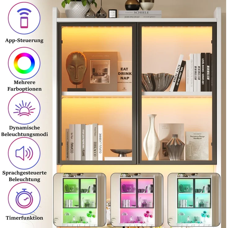80x35x200cm LED Vitrine, Hochschrank mit Glasschranktüren, Hochschrank Glasvitrine mit LED und Offene Partition,Wohnzimmerschrank mit Glastüren, Küche, Arbeitszimmer, Eingangsbereich,Weiß – Bild 7