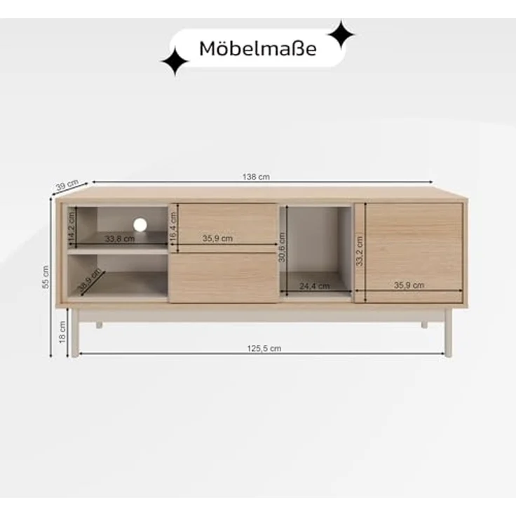 Selsey Tv Schrank - Modernes Tv Board Für Wohnzimmer, 138 cm, Lindberg-Eiche & Kaschmir, Stauraum Mit Schrank, 2 Schubladen, 3 Fächer, Hochwertiges Laminat, Metallfüße, Für Tv Bis 55 Zoll – Bild 5