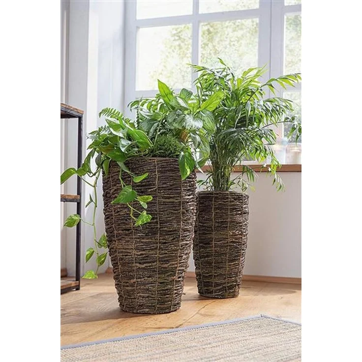2 Übertöpfe aus Kokoszweigen, 45 + 55 cm hoch, Blumentopf, Pflanztopf, Pflanzgefäß für Drinnen & Draussen, Balkon und Gartendeko – Bild 1
