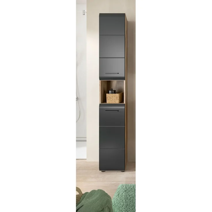Hochschrank (B/H/T: 30x185x30 cm) in schwarz matt und Nox Oak Nachbildung – Bild 5