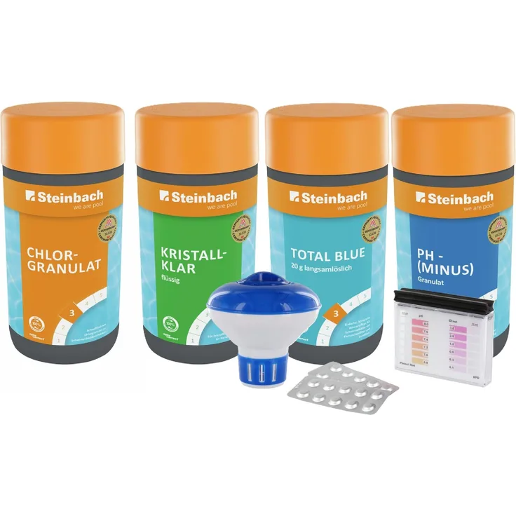 STEINBACH | Wasserpflege Starter Set I Pool Chlor Starterset für Einsteiger I Mini-Multitabs, Kristallklar, Dosierschwimmer, Testkit, pH-Senker & Chlorgranulat | Pool-Zubehör-Set für Anfänger