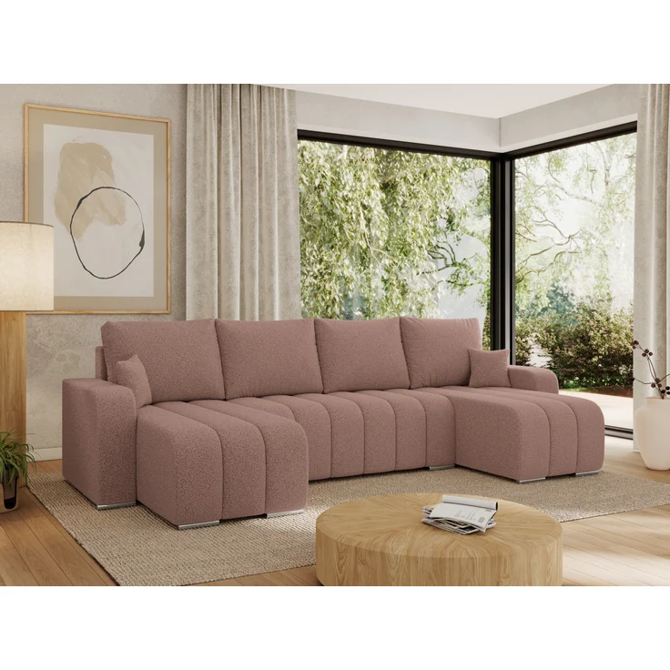 U-förmiges Ecksofa mit Schlaffunktion und Bettkasten, Couch U-form - KIRASSO U - Rosa Boucle – Bild 1