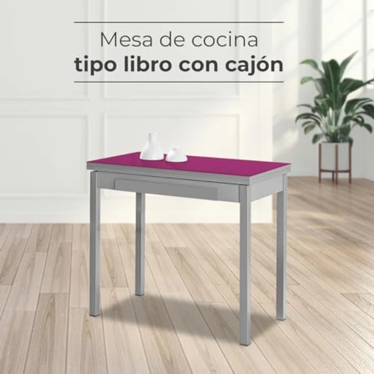 ASTIMESA - Küchentisch mit Schublade - Tisch mit Glasplatte in Aubergine - Minimalistisch - Gestell aus schwarzem Laminat - Ausziehtisch von 80x40 cm bis 80x80 cm – Bild 5