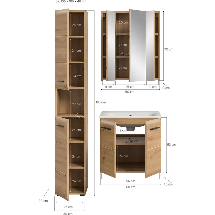 Badkombination (B/H/T: 105x185x46 cm) in Artisan Oak Nachbildung und Artisan Oak Nachbildung – Bild 4