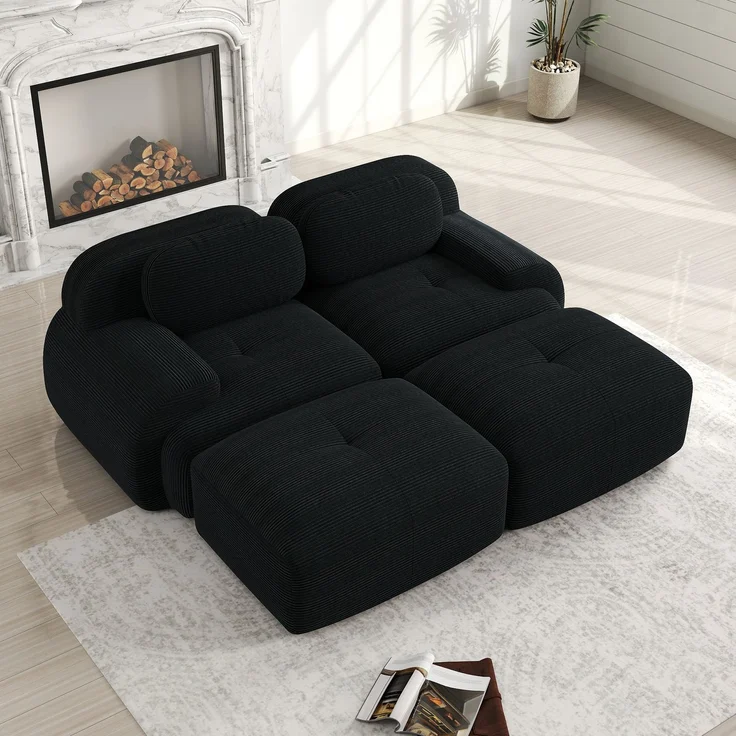 2-Sitzer-Sofa aus Cordstoff,modular kombinierbar mit Chaiselongue rutschfest ergonomische Armlehnen und hochelastische Polsterung für Wohnzimmer und Schlafzimmer,Cordstoff,Black, – Bild 3