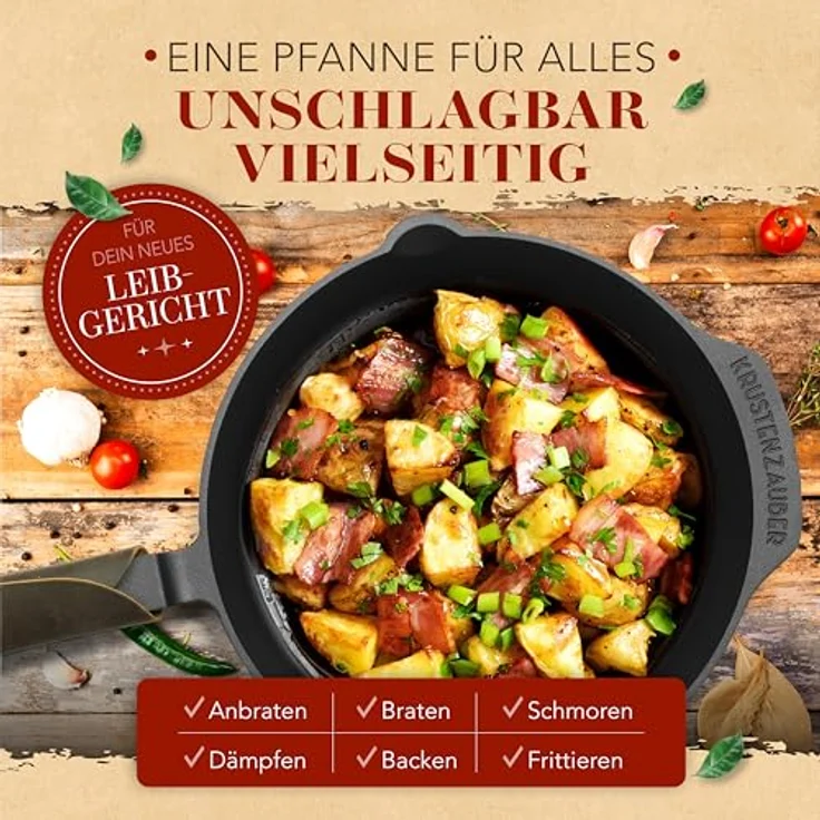 Krustenzauber Bratpfanne Gusseisenpfanne Induktion - Fein Geschliffene Gusseisen Pfanne, (Ideale Grillpfanne Induktion, Eisenpfanne, Cast Iron Pan, Bratpfanne, Gusseiserne Pfanne Skillet Gusspfann) – Bild 5