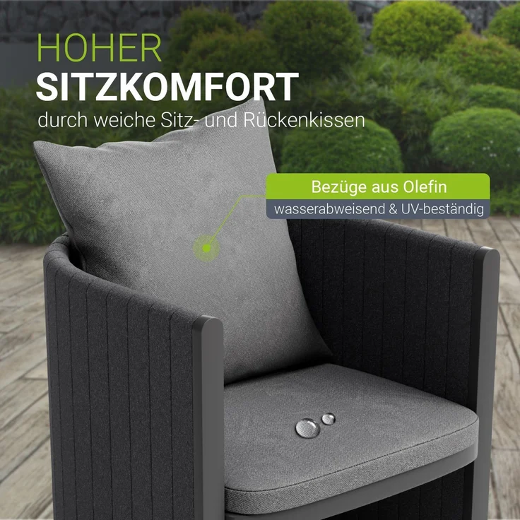 Juskys Premium Gartengarnitur Costa Luna 7-teilig - Witterungsbeständig & pflegeleicht - mit Tisch & 6 Stühlen - inkl. weicher Sitzkissen - Anthrazit – Bild 5
