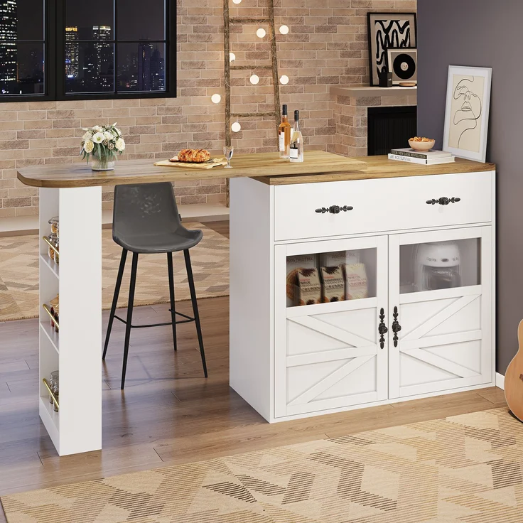 Ausziehbarer Bartisch mit Stauraum(138-204×39×104cm) , 360° drehbare Essbar,Moderner Beweglicher Bar Table,Hochtisch Kücheninsel Bistro Table, Sideboardschrank mit Regalen, weiß – Bild 6