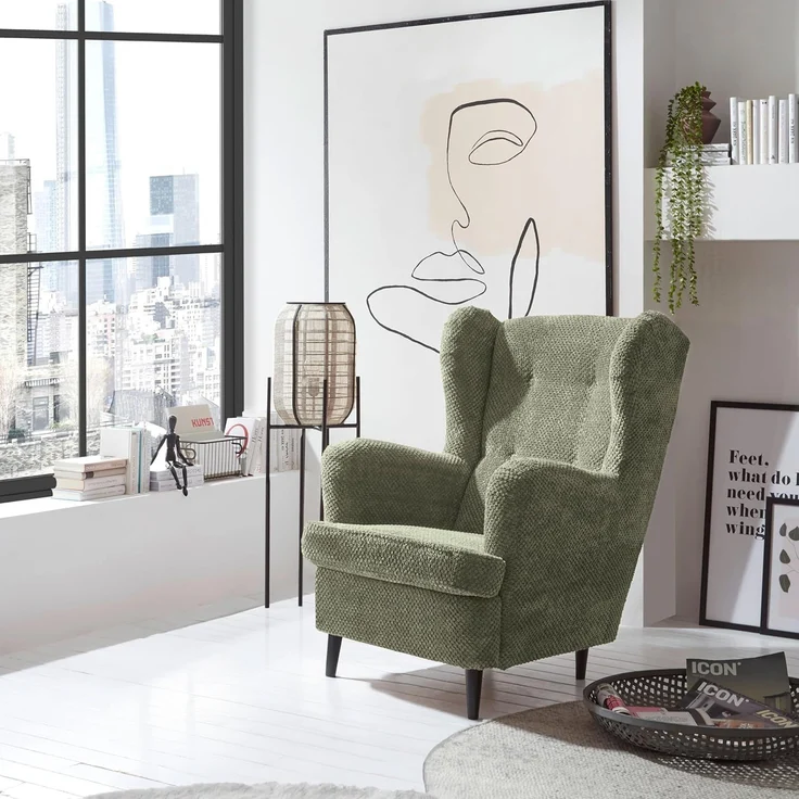 OSKAR Ohrensessel mit geknöpfter Polsterung, Olive - Vintage Wohnzimmer Sessel mit Massivholz Füßen - 78 x 102 x 98 cm (B/H/T) – Bild 2