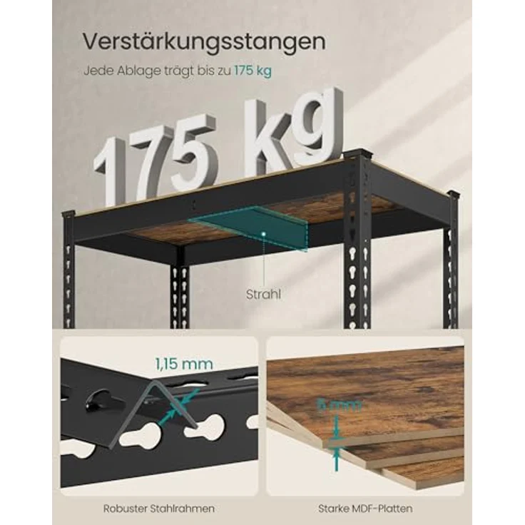 SONGMICS Schnelle Montage, Schwerlastregal 2er Set, Standregal, Lagerregal, Küchenregal, Regal, 5 Ablagen, 45 x 90 x 180 cm, bis 875 kg belastbar, für Keller, Küche, Arbeitszimmer, vintagebraun – Bild 6