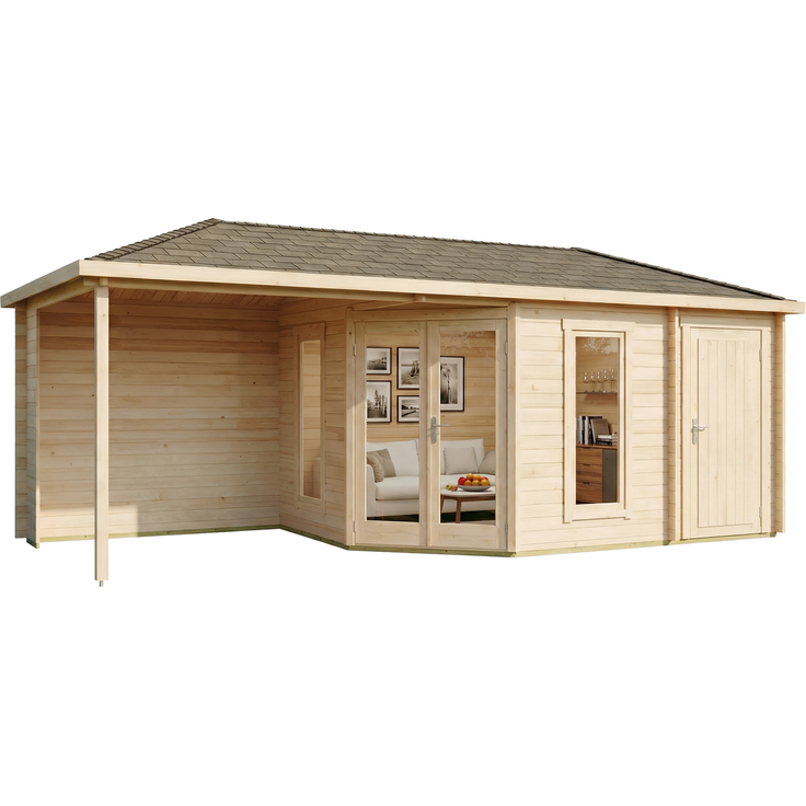 Alpholz 5-Eck Gartenhaus Liwa mit Anbau Gartenhaus aus Holz Holzhaus mit 28 mm Wandstärke inklusive Terrasse Blockbohlenhaus mit Montagematerial – Bild 4