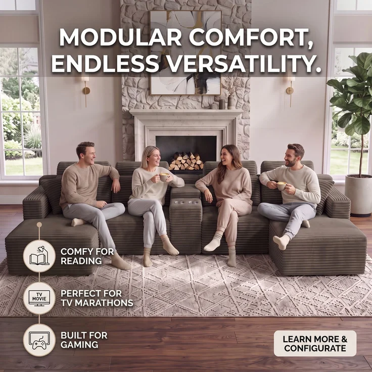 ZUBALIYA Boneless Compression Sofa, U-förmiges modulares Sofa mit integrierten Becherhaltern, Khaki, 372 x 151 x 80 cm – Bild 10