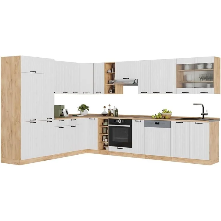 Eckküche Fame-Line Weiß Landhaus/Goldkraft Eiche 347 x 257 cm, AP Marmor Vicco – Bild 7