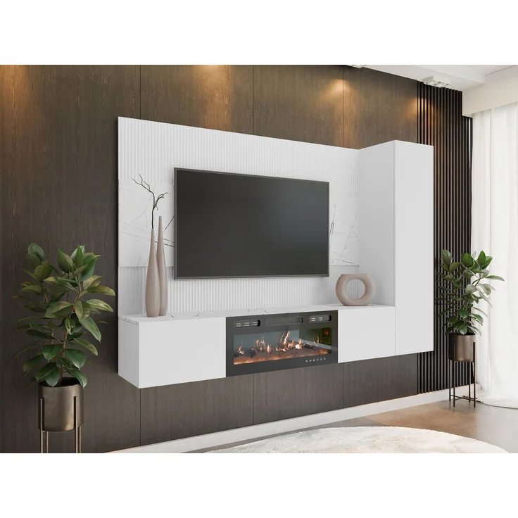Wohnwand Deromi VI mit Kamin (Farbe: Weiß + Weiß Marmor) – Bild 1