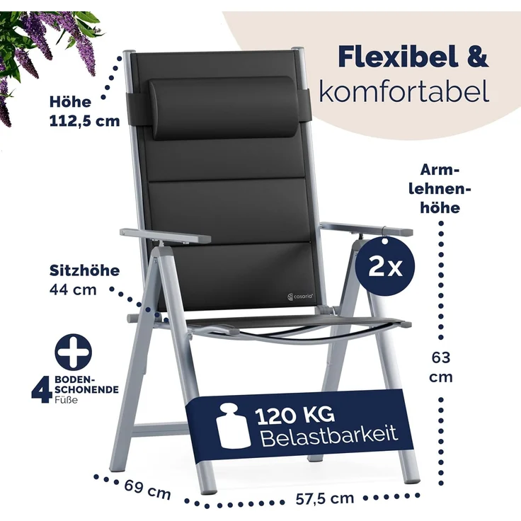 Casaria® Gartenstühle 2er Set Klappbar Gepolstert Alu 8- Fach Verstellbar 120 kg Belastbarkeit Wetterfest Outdoor Balkon Camping Hochlehner Klappstuhl – Bild 5