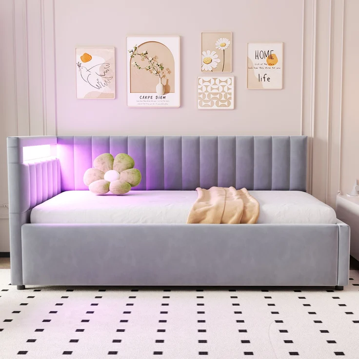 Merax Polsterbett Schlafsofa 90x200, mit LED-Beleuchtung und hydraulischem Stauraum, klassisches vertikales Streifendesign, seitliche Kopfteile mit austauschbaren Positionen, Lattenrost, Samtstoff, Hellgrau – Bild 5