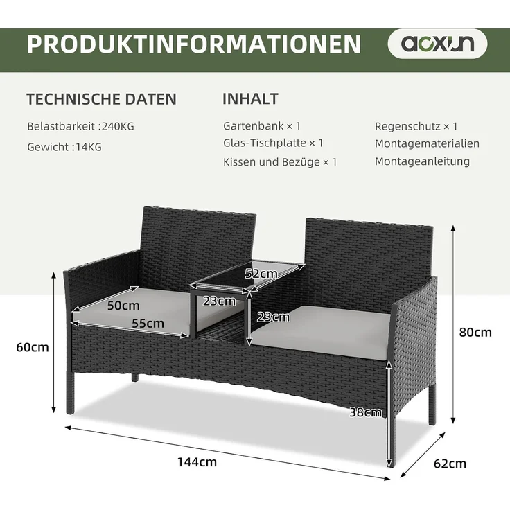 Aoxun 2-Sitzer-Gartenbank aus Rattan, extrabreite Outdoor-Zweisitzerbank mit seitlichem Ablagetisch 144x62x80cm, bequemes Terrassenmöbel-Set mit Kissen und Regenschutz für Garten, Balkon, Hellgrau – Bild 2