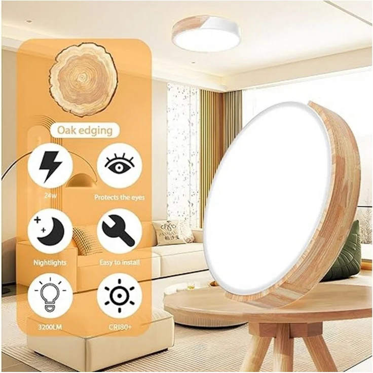 POPOLIC LED Deckenleuchte 24-W-moderne Leuchte, Deckenleuchte Holz, dimmbare Decke 3000k-6000k, ferngesteuerte LED-Deckenleuchte für Wohnzimmer und Flur, 30 cm, Weiß – Bild 4