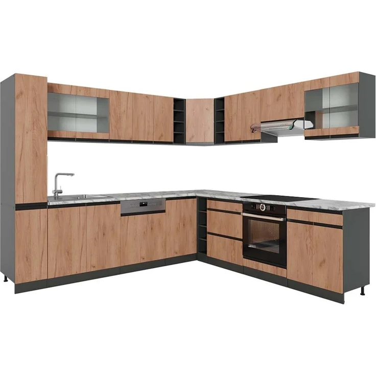 Eckküche R-Line Goldkraft Eiche/Anthrazit 277 x 257 cm J-Shape, AP Marmor Vicco – Bild 1