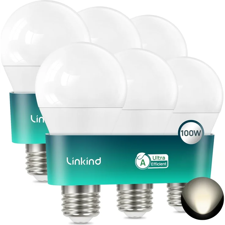 Linkind 7.2W LED E27 100W, A-Klasse Lampe A60 7,2W ersetzt 100W, 1521 lm Extra hell, 4000K Neutralweiß, 50,000 Std. Leuchtdauer, Energiesparlampe E27 Glühbirne Matt, 6 Stück