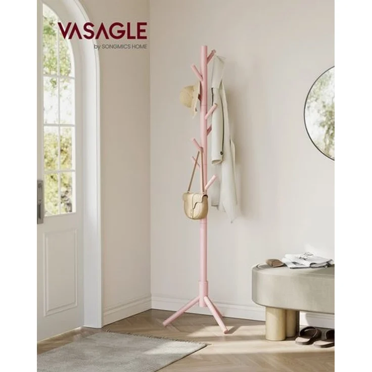 VASAGLE Garderobenständer, Kleiderständer aus Massivholz, Garderobe in Baumform, 8 Haken, 3 verstellbare Höhen, für Kleidung Hut Tasche, Wohnzimmer Schlafzimmer Büro, pastellrosa – Bild 5