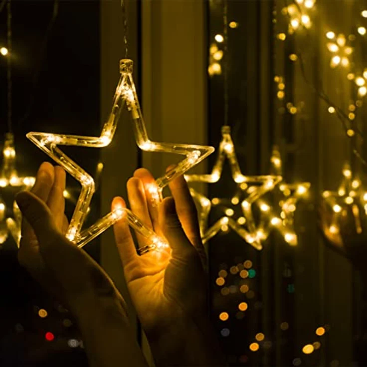 Lichterkette Sterne, 138 LEDs 2.5m Weihnachtslichterkette, Lichterkette Innen/Außen, Wasserdicht Weihnachtsbeleuchtung mit 12 Sterne und 8 Modi, Weihnachtsdeko Für Fenster, Balkon (A - Warmweiß) – Bild 7