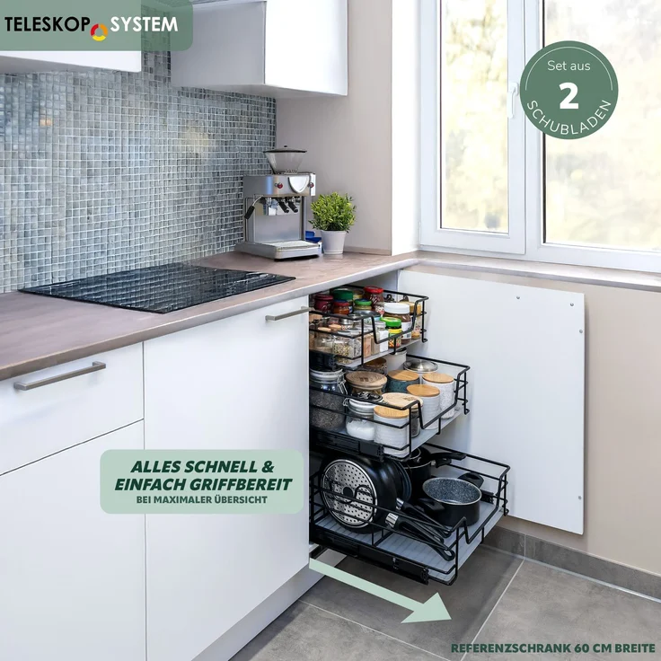Teleskopschubladen 2er Set - für 50 cm Schrank mit Einlegeboden, aus Metall, (Schwarz) – Bild 2