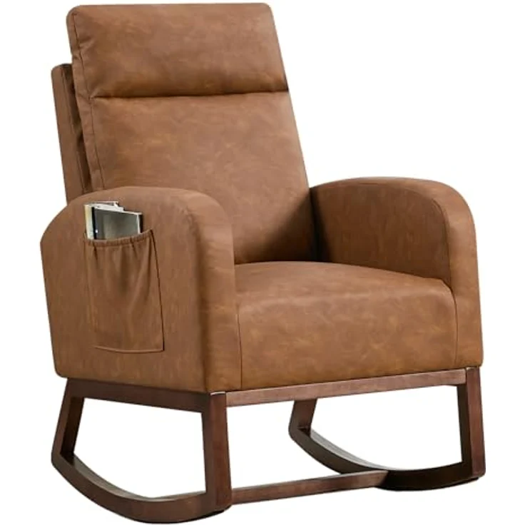 GarveeLife Stillschaukelstuhl für Kinderzimmer, PU-Leder Schaukelstuhl mit 66 cm hohem Rückenlehne, Moderner Relaxstuhl für Wohnzimmer, Schlafzimmer & Leseecke – Braun – Bild 7