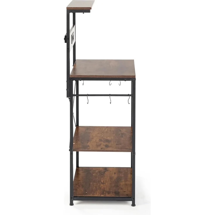 FurnitureR Kitchen Shelf mit Powerstreifen, 3-stufiger Aufbewahrungsschrank, Mikrowellen-Halterung, vertikale Ablage für Dining Room mit 2-Sockel und 6 S-Haken, industrieller rustikaler Braun, – Bild 4
