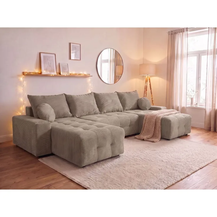 OTTO home Wohnlandschaft Jessy U-Form, B: 313 cm, in Cord & weiteren Bezügen, Schlaffunktion, Bettkasten, Tonnentaschenfederkern-Polsterung