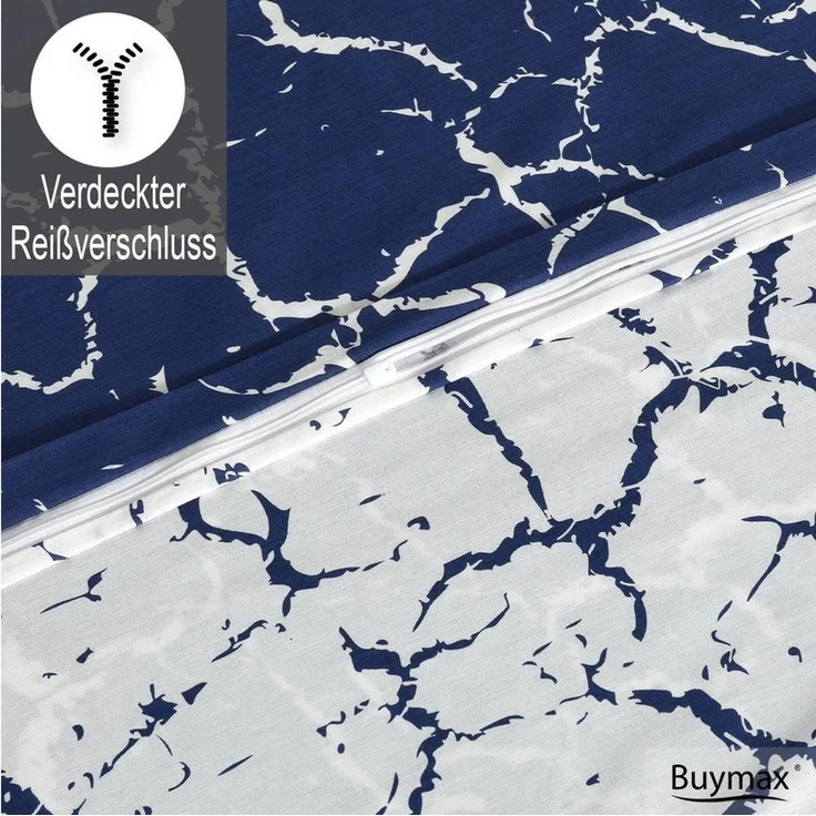 Buymax Bettwäsche, Renforce: 100% Baumwolle, 3 teilig, 200x220 cm, mit Reißverschluss, Muster Marmor, Dunkelblau, Weiß – Bild 3